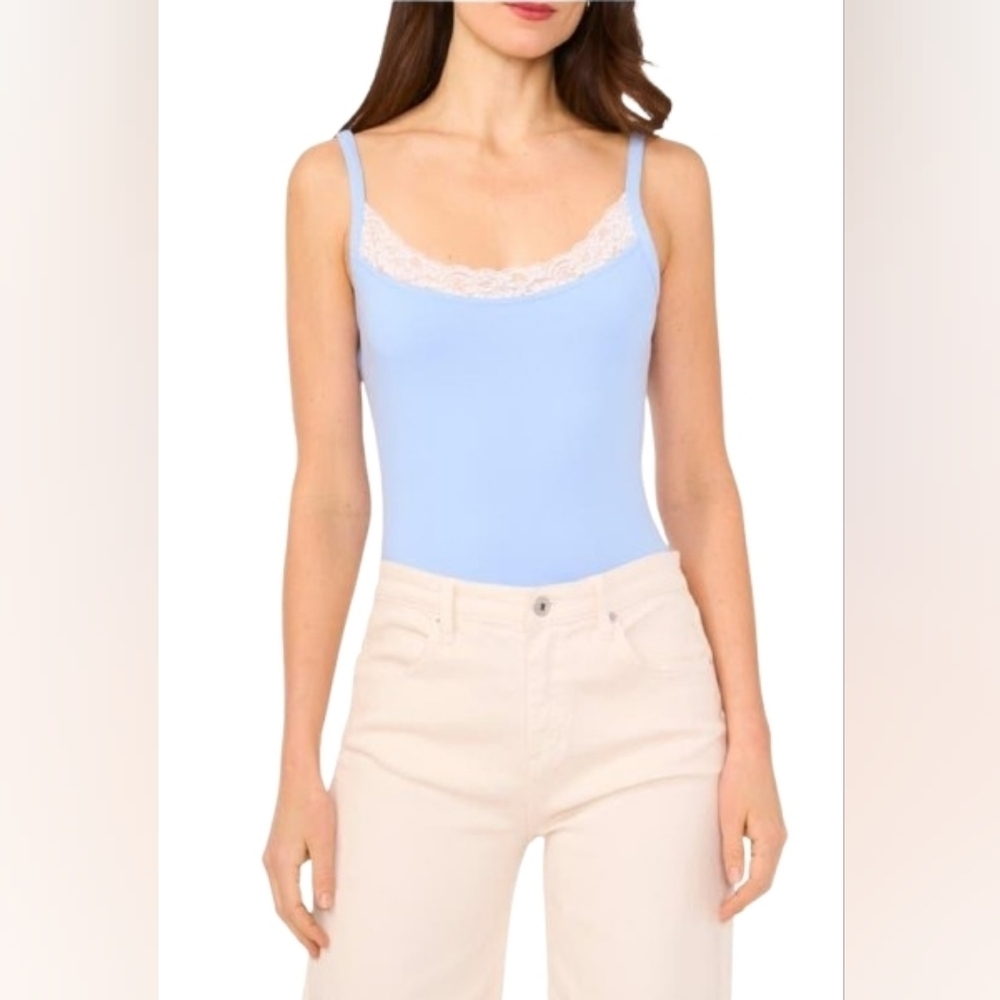 NWT 1 State Fitted Cami Size S Blue Lake Stretch Infused Cotton With Lace Neck